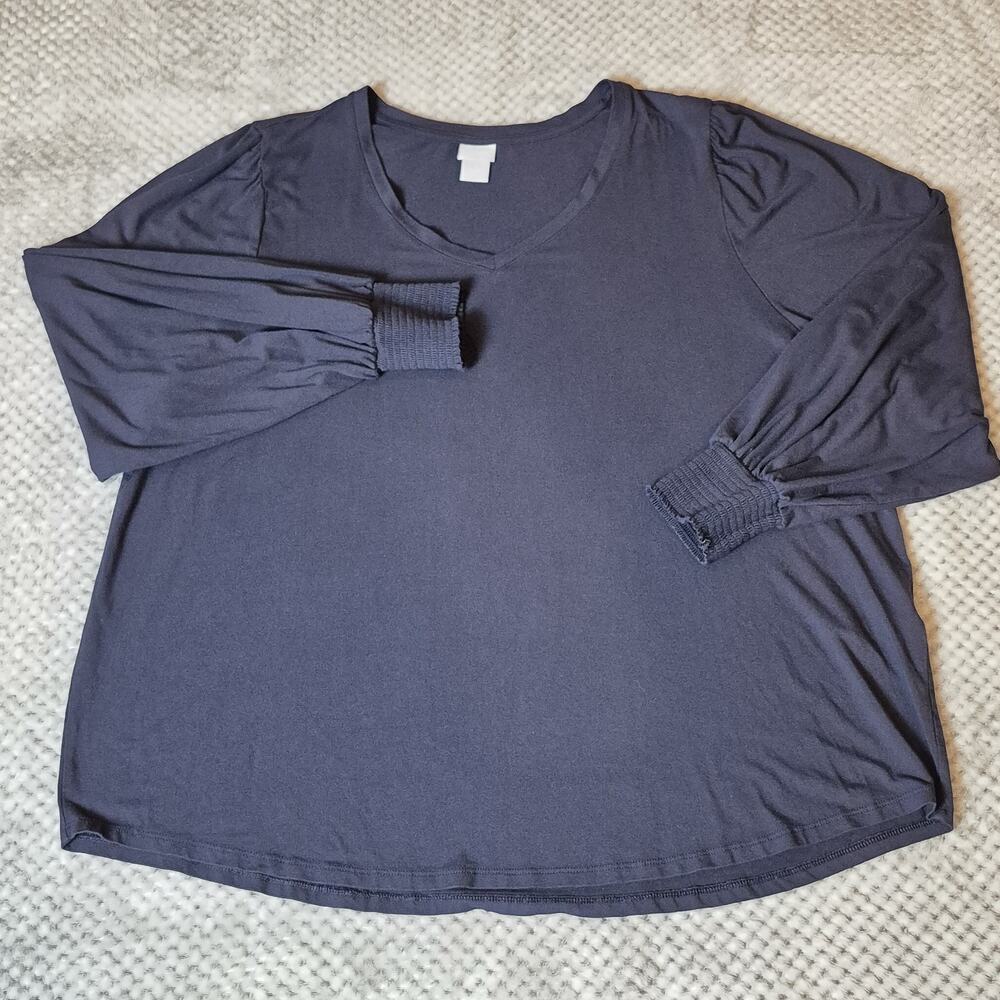 Chico's Casual Puff Sleeve Shirt Women XXL Navy Blue V Neck Long Sleeve
